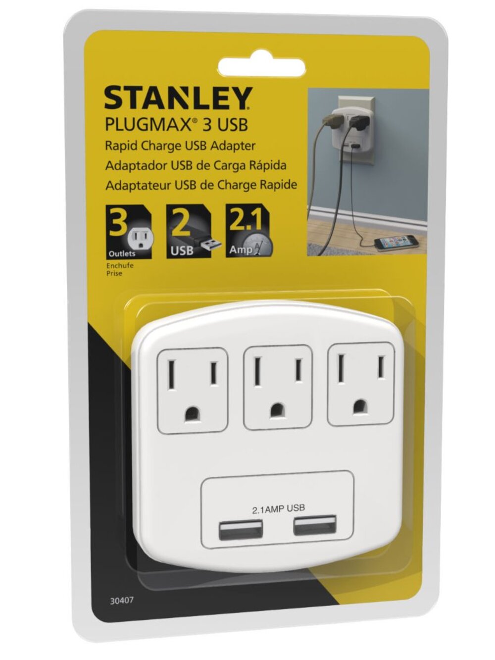 3 Outlet Power Extender With 2 USB Charger Port Wall Adapter Tap